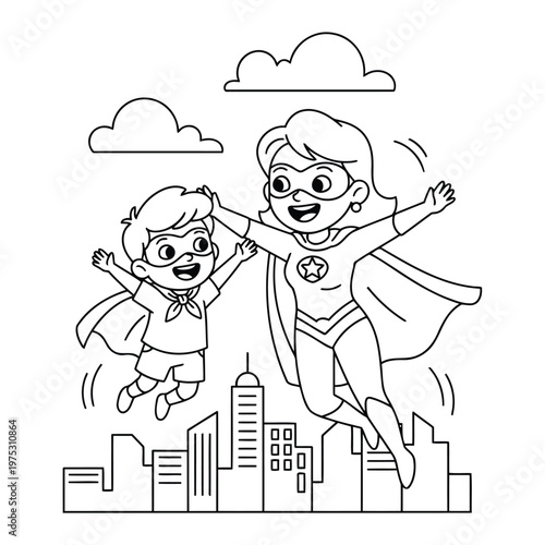 Superhero family flying above city skyline with mother and child coloring page