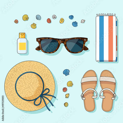 Flat lay vector illustration of beach accessories including sunglasses a sun hat sandals sunscreen and colorful sea shells for summer