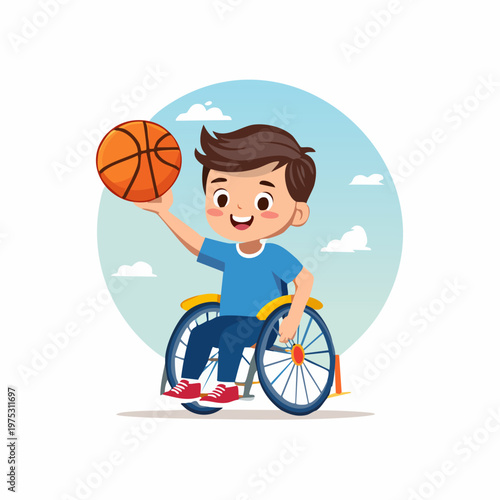 A happy cartoon boy in a wheelchair holds a basketball, ready to play, against a blue sky background.