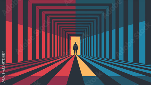 Minimalist of a person walking down a colorful striped corridor stripes