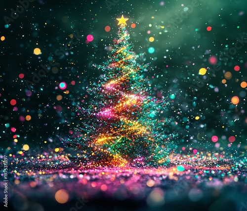 Colorful Glittering Christmas Tree with Shimmering Lights and Sparkles