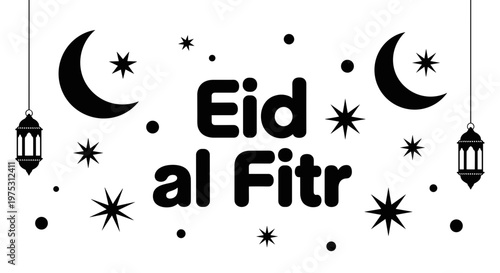 Festive eid al fitr celebration with crescent moons stars and hanging lanterns creating a joyous and sacred atmosphere