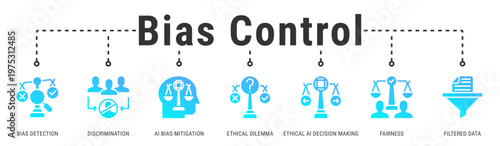 Bias & Fairness Control web banner icon vector illustration featuring Bias Detection, Discrimination and AI Bias Mitigation