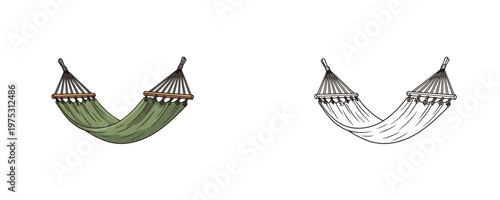 Camping hammock illustrations in green cartoon and black linear styles featuring wooden spreader bars and ropes used for outdoor relaxation isolated on a white background