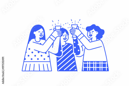Four friends cheerfully toasting with drinks in a simple modern illustration