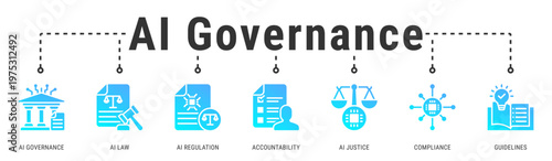 AI Governance & Law web banner icon vector illustration featuring AI Governance, AI Law and AI Regulation
