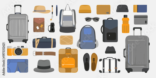 Flat lay arrangement of colorful travel accessories and luggage items