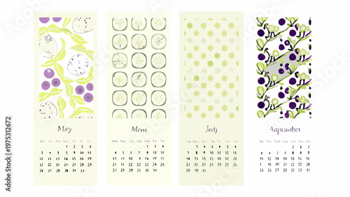 Four illustrated calendar bookmarks featuring seasonal fruits and monthly calendars
