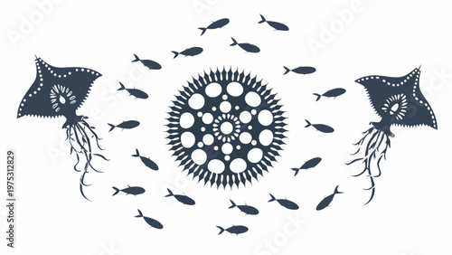 Stylized illustration of manta rays fish and a circular pattern