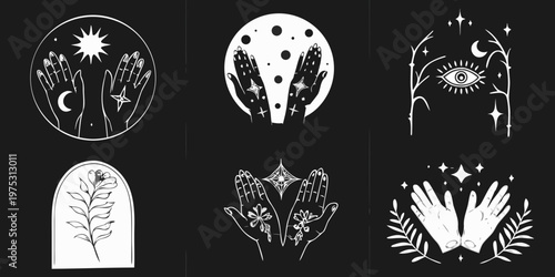 Mystical hands and celestial symbols in black and white illustrations