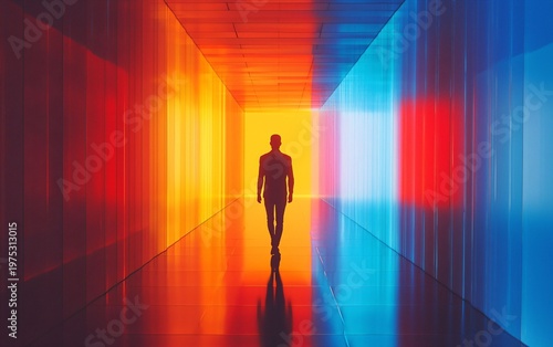 Silhouette of a Person Walking Through a Colorful Light Tunnel