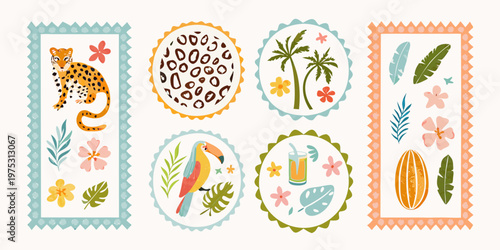 Colorful tropical illustrations in decorative frame shapes featuring flora and fauna