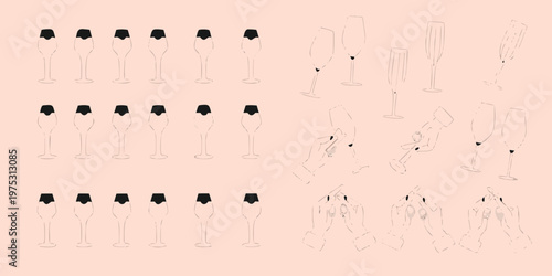Minimalist illustration of champagne glasses in varying arrangements on pink