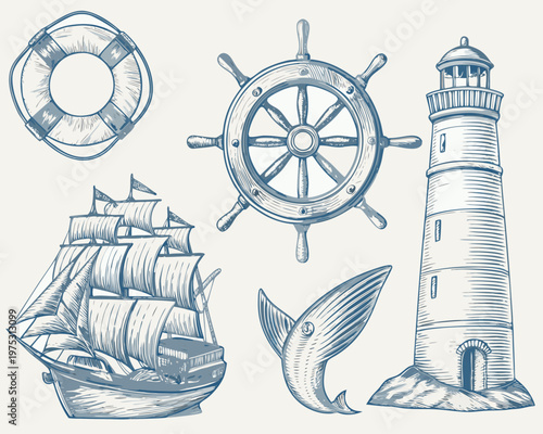 Vintage nautical illustration featuring a ship lighthouse and marine life