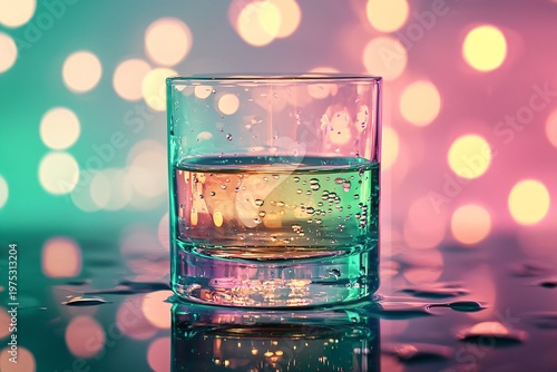 Refreshing Drink in Clear Glass with Colorful Bokeh Background
