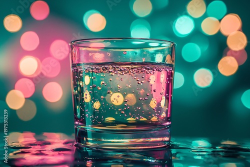 Glass of sparkling water with colorful bokeh light background