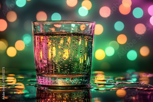 Sparkling Drink in Glass with Colorful Bokeh Background