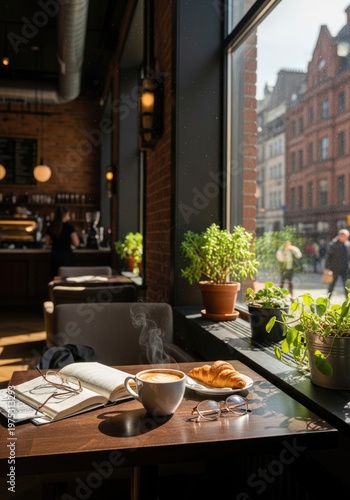 Cozy coffee shop interior with steaming cup pastry and book by large window overlooking city street with people walking by
