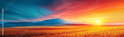 Vibrant Sunrise Over Golden Field and Majestic Mountainscape