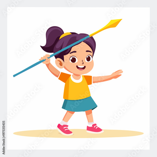 A cheerful cartoon girl practices javelin throwing, demonstrating athletic skill and determination.