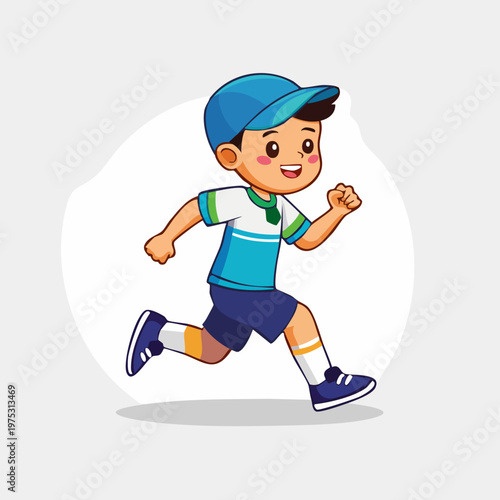 Happy cartoon boy running with a smile, wearing a blue cap and athletic clothes.