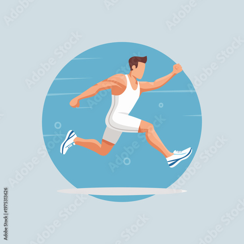 Dynamic illustration of a male athlete running or sprinting with energetic motion lines in a circular background.