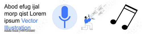 Audio production, speech recognition, music creation, vocal training, sound design, multimedia projects. Blue microphone, music notes person singing. Audio production and speech recognition concept