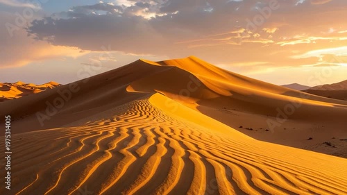 Desert landscape with dunes at sunset, illuminated by warm, golden light