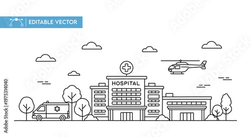 Modern outline vector illustration of a hospital building with an ambulance and a helicopter providing medical care service.