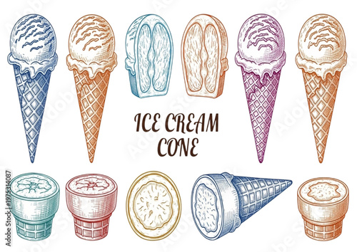 Collection of colorful ice cream cones and scoops in different flavors and designs