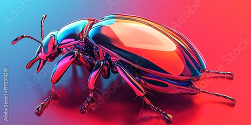 Colorful Metallic Insect in Abstract Background of Red and Blue