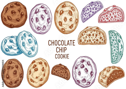 Variety of delicious and decorative chocolate chip cookies and pastries in different flavors and colors