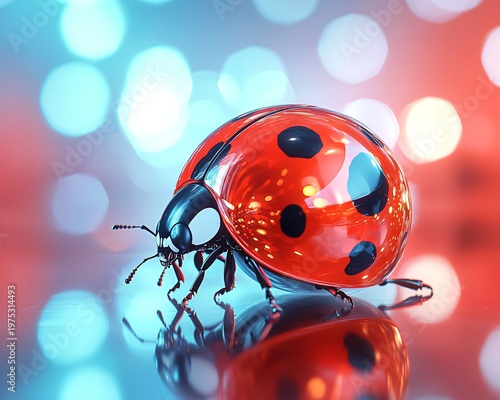 Vibrant Ladybug on Reflective Surface with Colorful Bokeh Lights