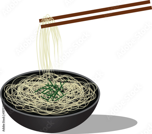 Minimal flat design of buckwheat soba served with chopsticks, ideal for menus, packaging, and advertising.