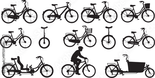 Various bicycle silhouettes in black on white background collection