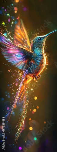 Colorful Hummingbird with Sparkling Light Effects in Motion