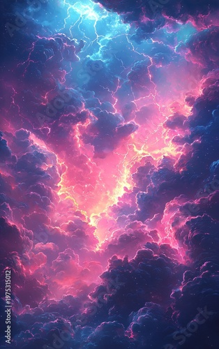 Stunning Colorful Cloud Formation with Lightning in Night Sky