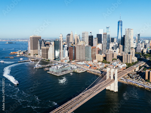 Photography Aerial skyline of Lower Manhattan with Brooklyn Bridge and One World Trade Center, New York City waterfront
