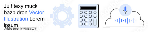 Artificial intelligence, voice recognition, cloud technology, data analysis, automation, software engineering. Gear, calculator cloud with microphone and soundwaves. Voice recognition and cloud