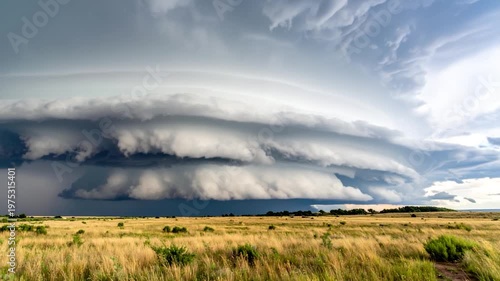 Storm clouds cascade over a prairie, with ominous layers & a vast sky