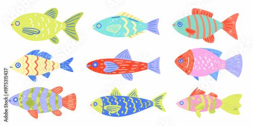 Colorful cartoon fish collection with various patterns and bright hues