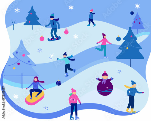 People enjoying winter activities like skating and sledding in a snowy landscape