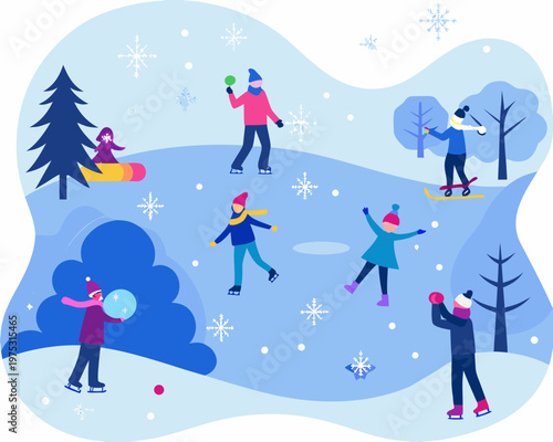 Children enjoying winter activities on an icy pond with falling snow