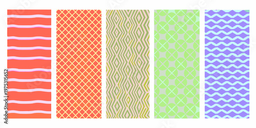 A colorful series of vertically oriented patterned fabric swatches