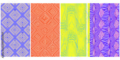 Five vibrant vertically oriented abstract patterned panels displayed side by side
