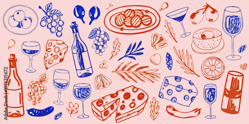 A colorful sketch of wine cheese fruit and various serving elements
