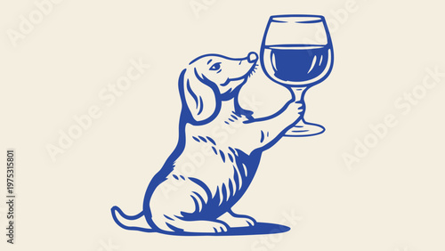 A dachshund dog curiously approaches a tall glass of dark red wine