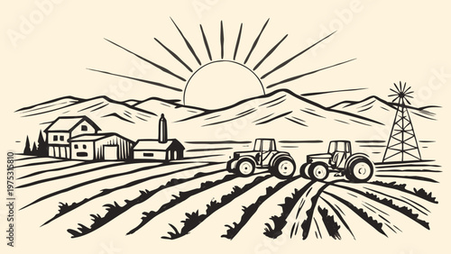 A vintage farm scene with tractors mountains and a rising sun