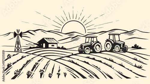 A rustic sketch depicts farm life with tractors a house and sunrise