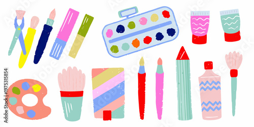 Colorful illustration depicting various art supplies and painting tools